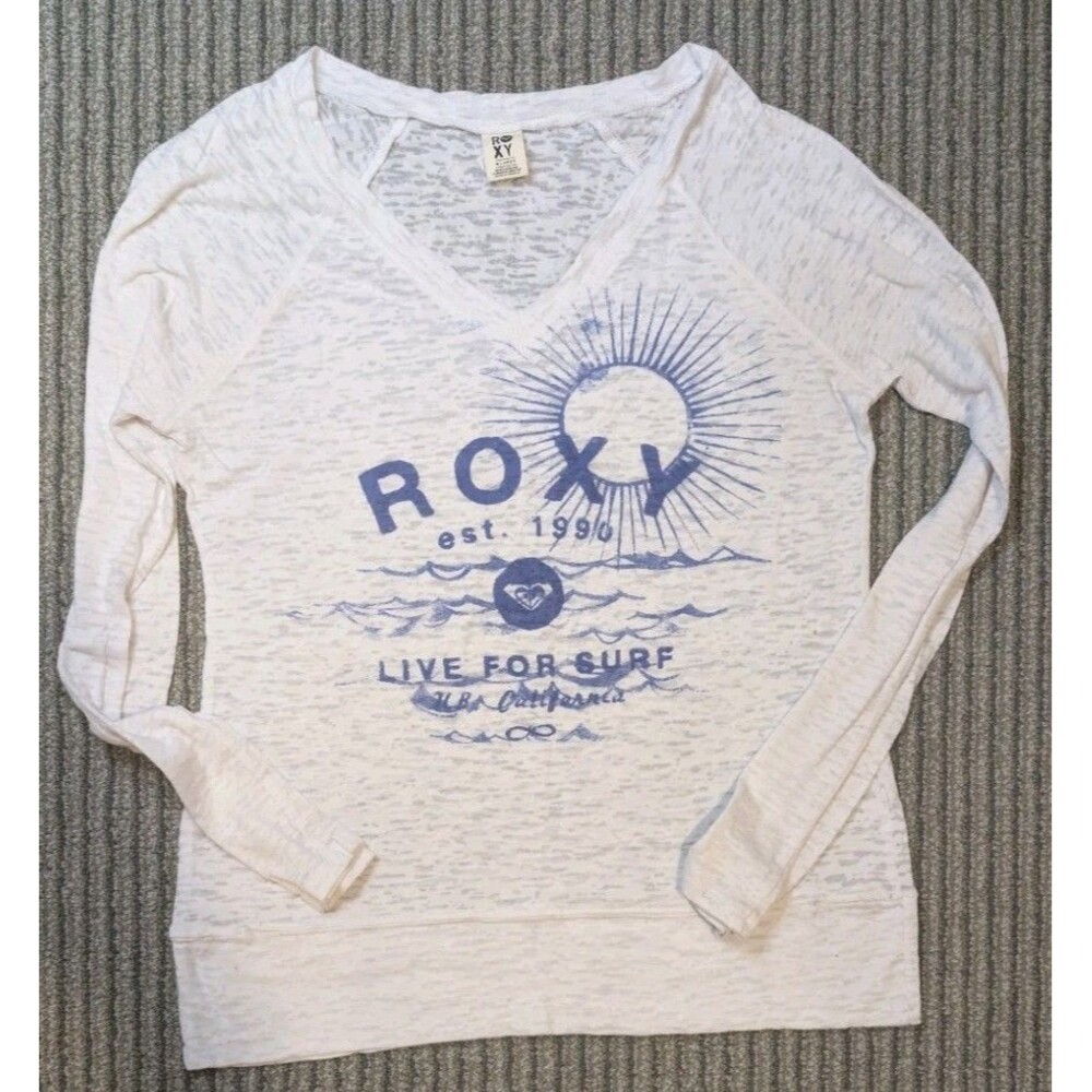 ROXY Womens XL White Blue Sun Graphic Long Sleeve V Neck Surf Shirt Y2K Beach